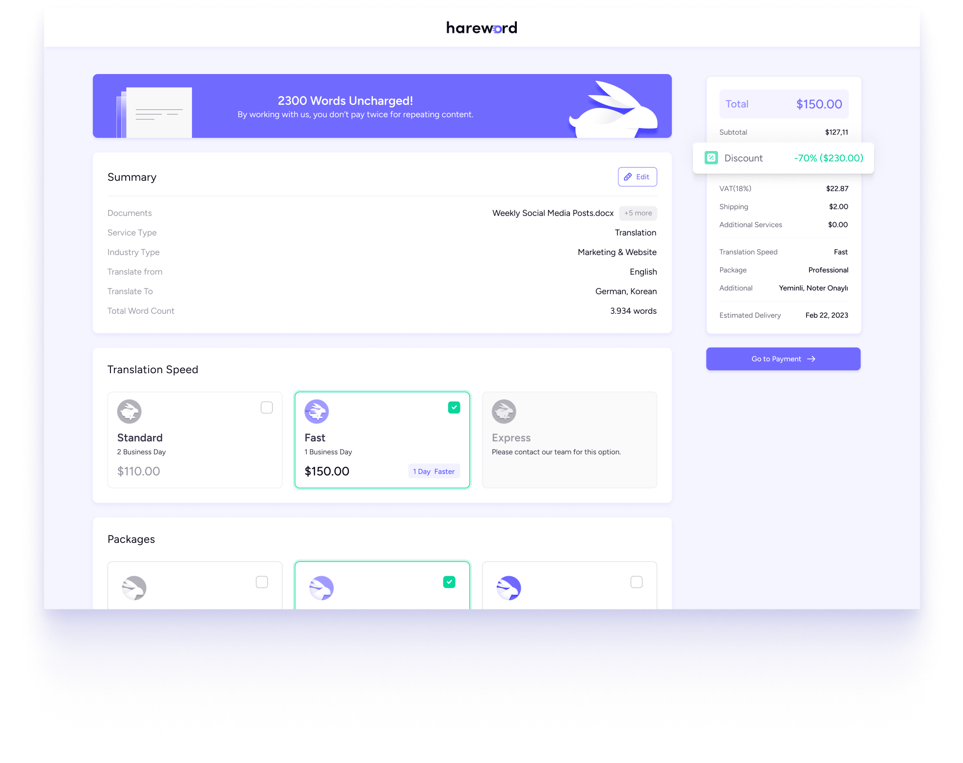 The Hareword translation project quote shows the amount, service packages, and translation speed options.