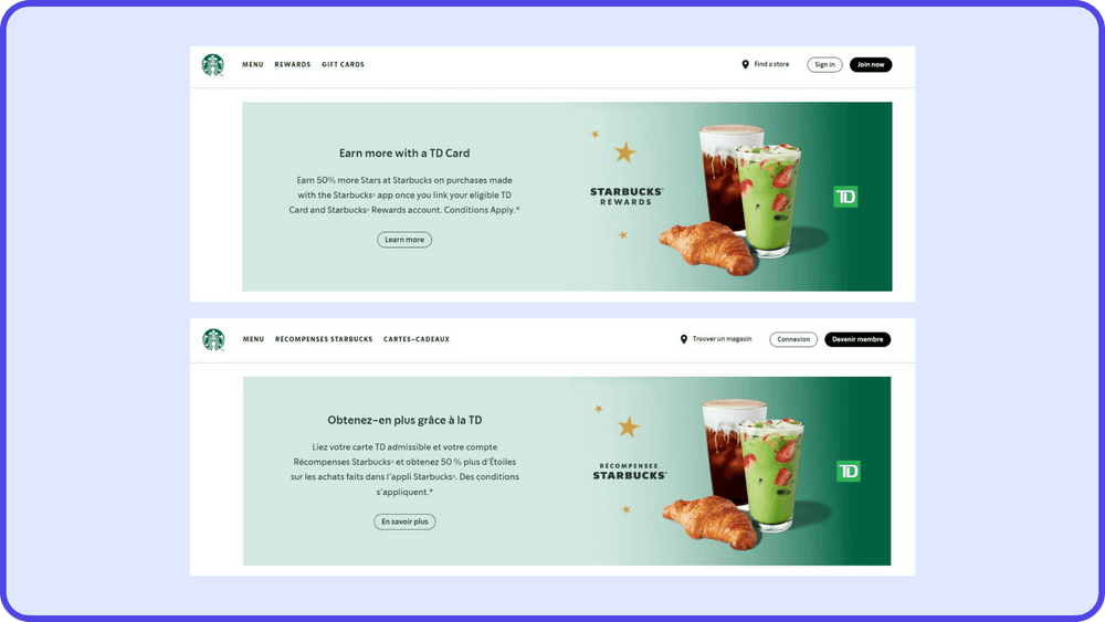Starbucks İngilizce ve Fransızca site