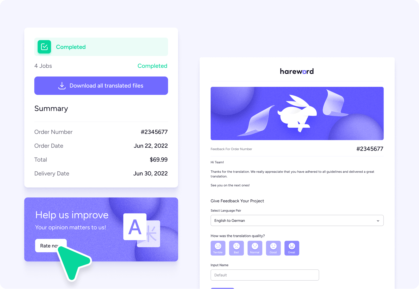 Completed a project that included a delivery date, amount, and order number. Feedback form.