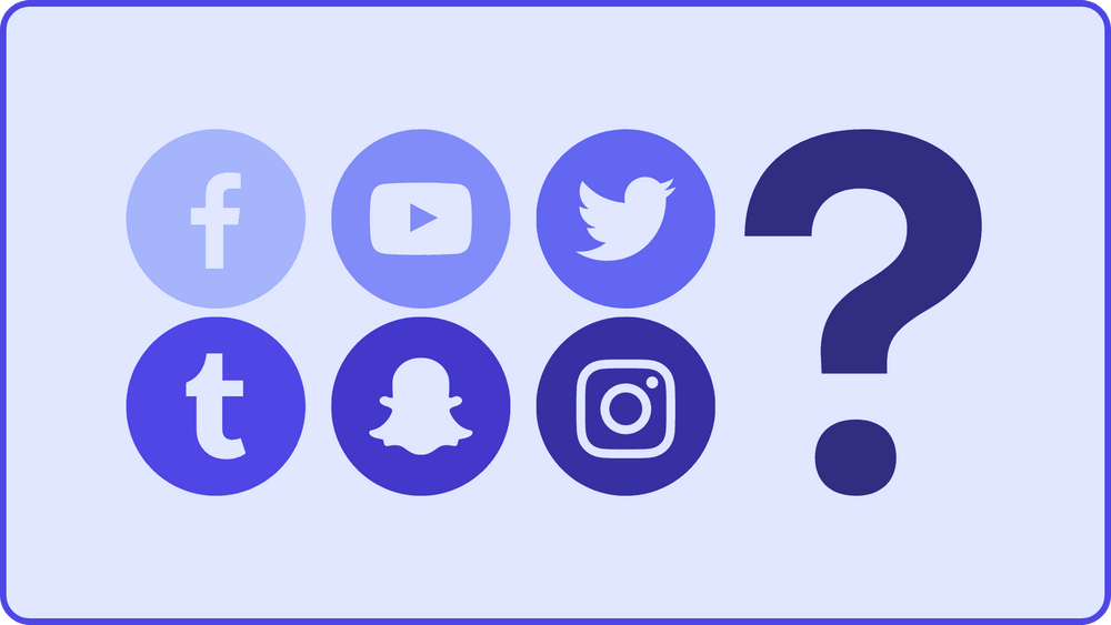 Facebook, Youtube, Twitter, Tumblr, Snapchat, Instagram logo ve soru işareti
