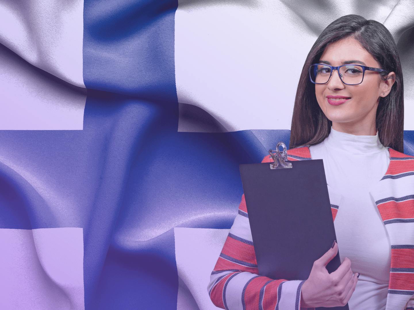 A confident woman wearing eyeglasses stands in front of the Finnish flag, working as a translator.
