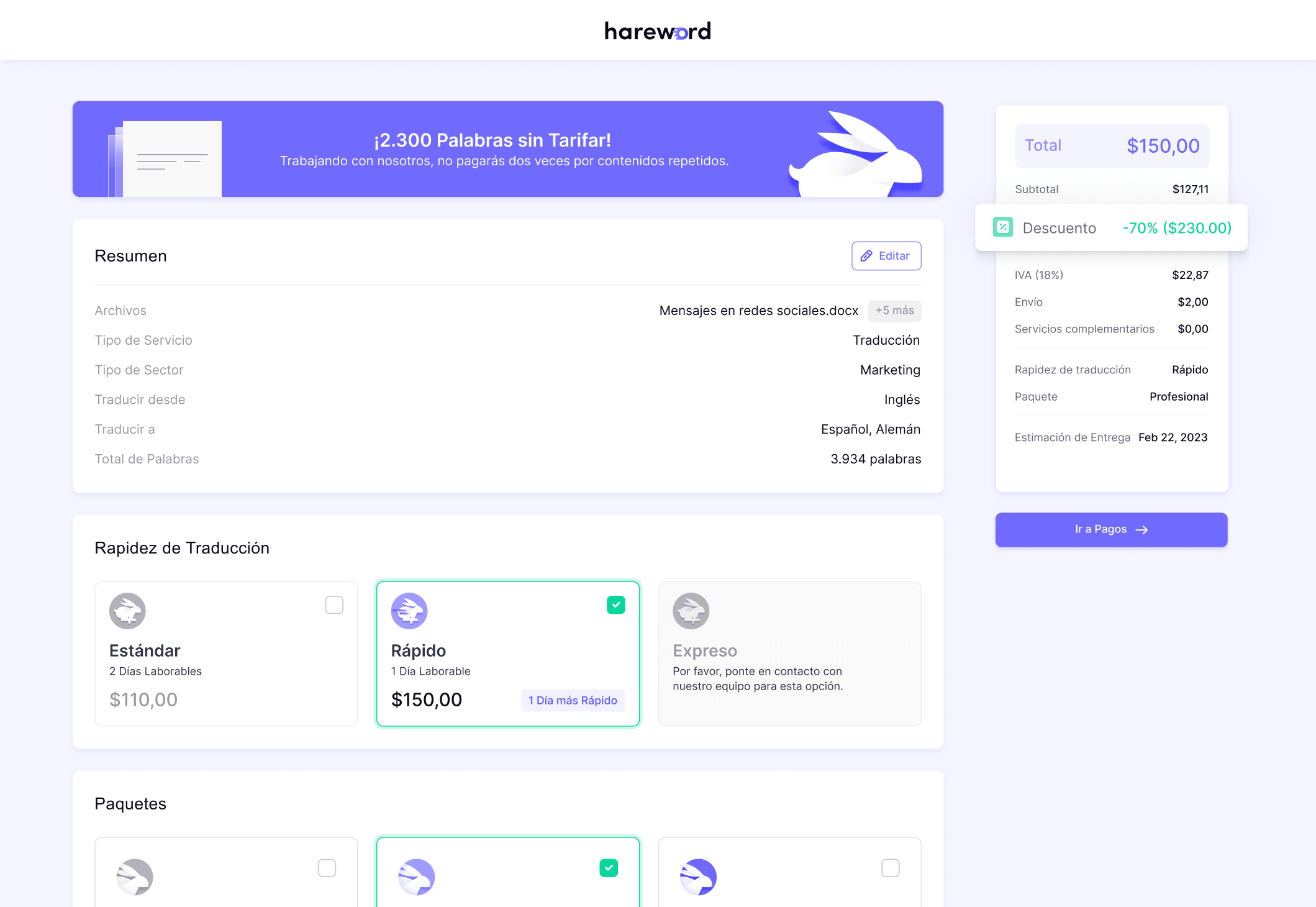 El presupuesto del proyecto de traducción de Hareword muestra el precio, los paquetes de servicios y las opciones de velocidad de traducción.