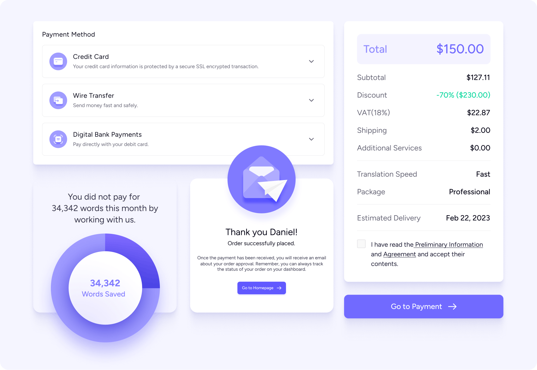 Hareword translation order amount, payment options, delivery date, and translation memory savings.