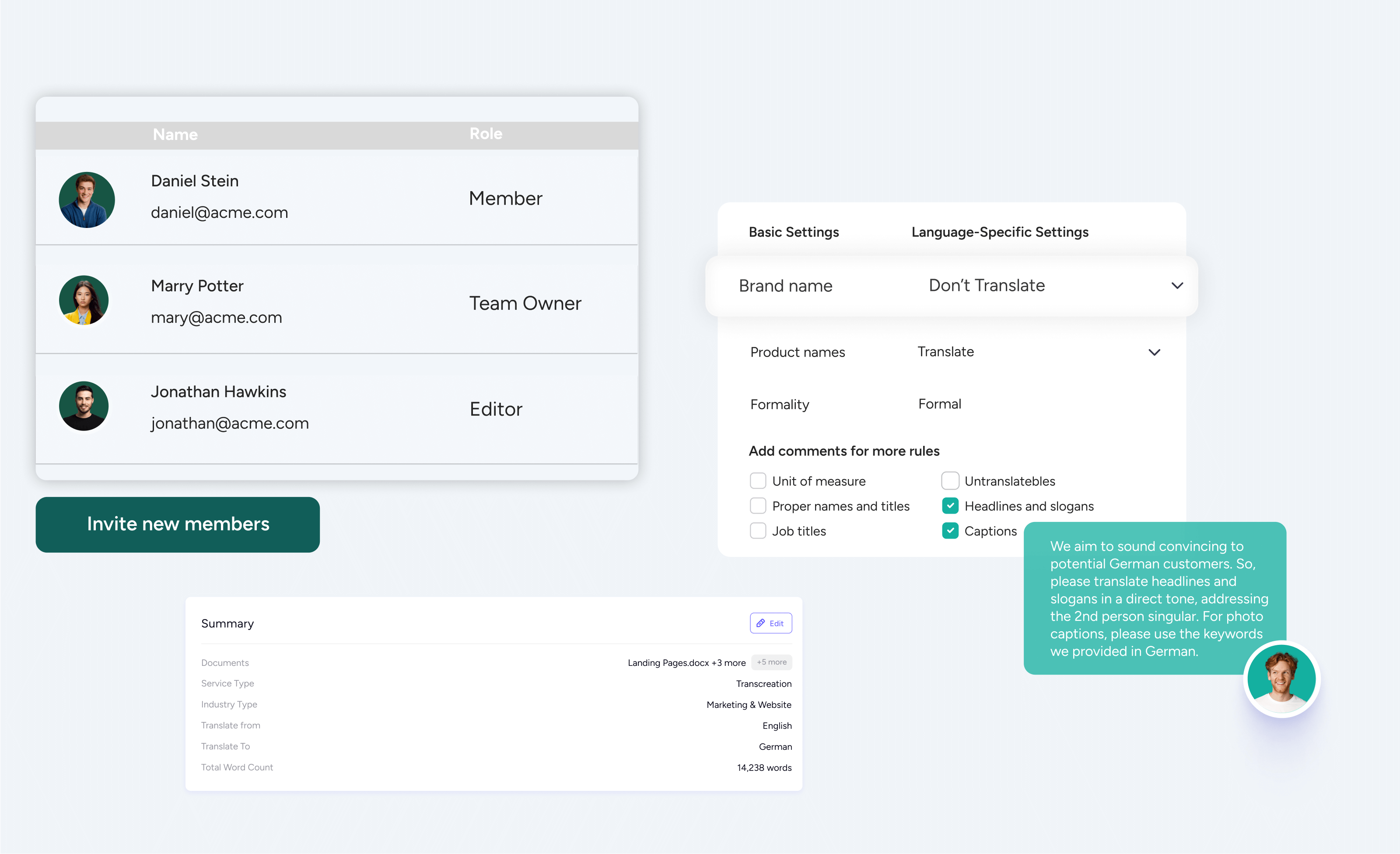 A transcreation process is shown with Collaboration and Style Guide features