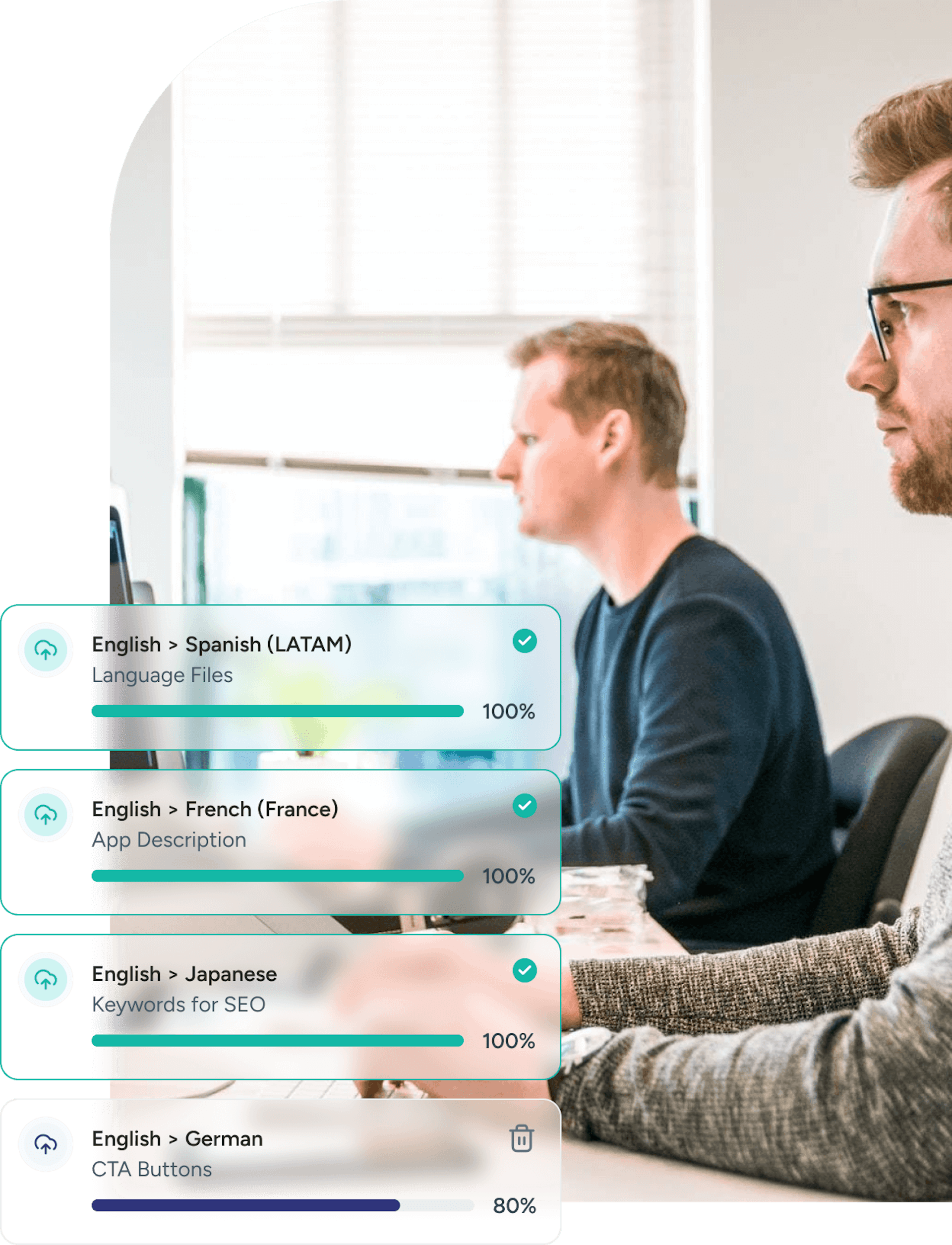 The man with blond hair and glasses is using a computer to track multilingual translation projects and their completion percentages in Hareword
