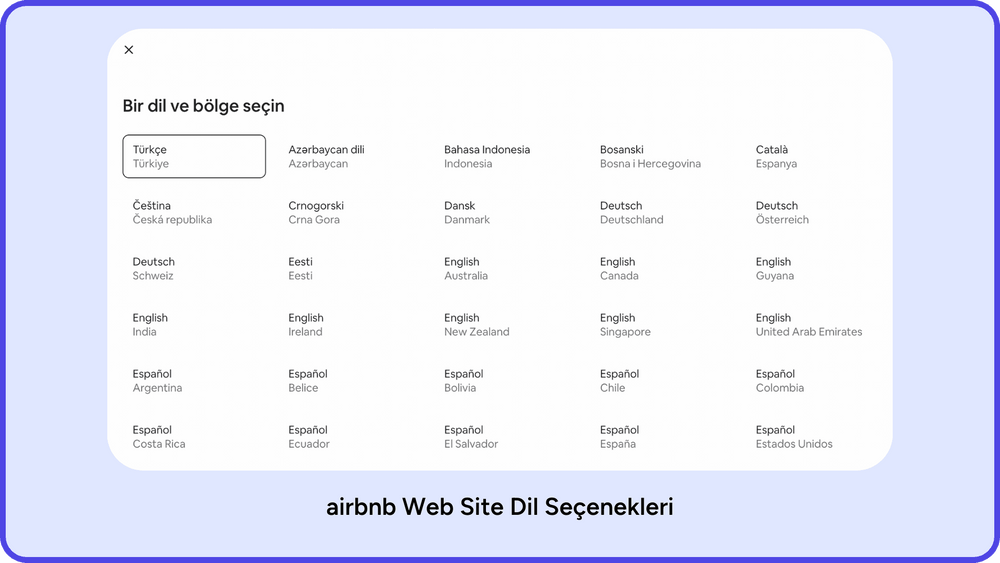 Airbnb website dil seçenekleri