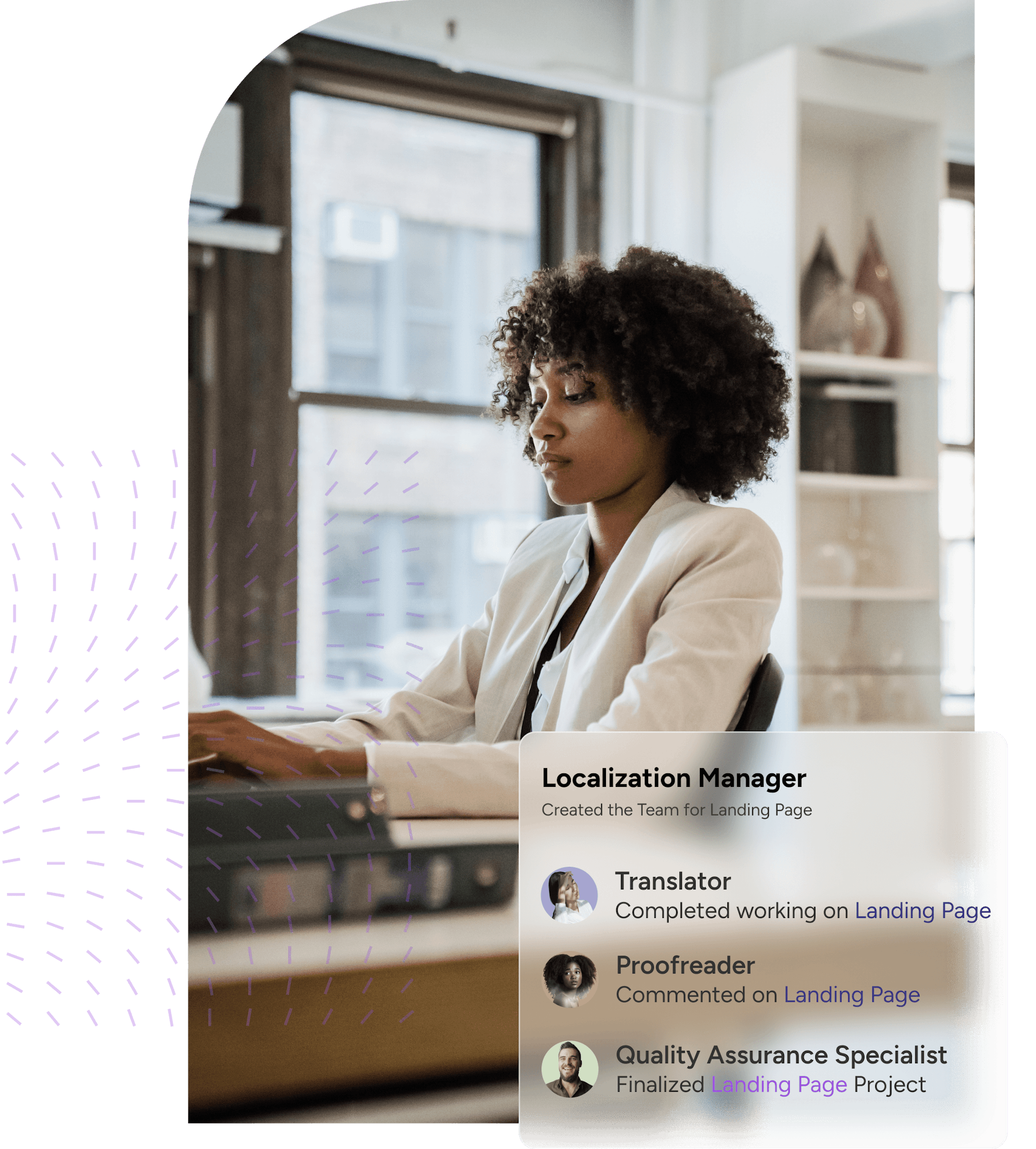 localization manager in the office with an image of a woman using a laptop in the style of muted earth tones, multilayered dimensions, indigo and emerald, language-based, back button focus, confetti-like dots, cityscapes