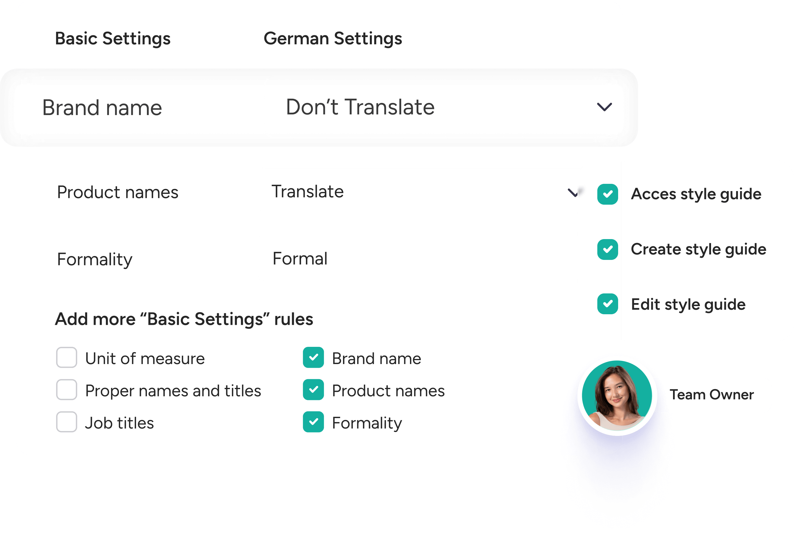 Terminology management in a brand style guides team owners in choosing settings. Brand name, product names, and formality.