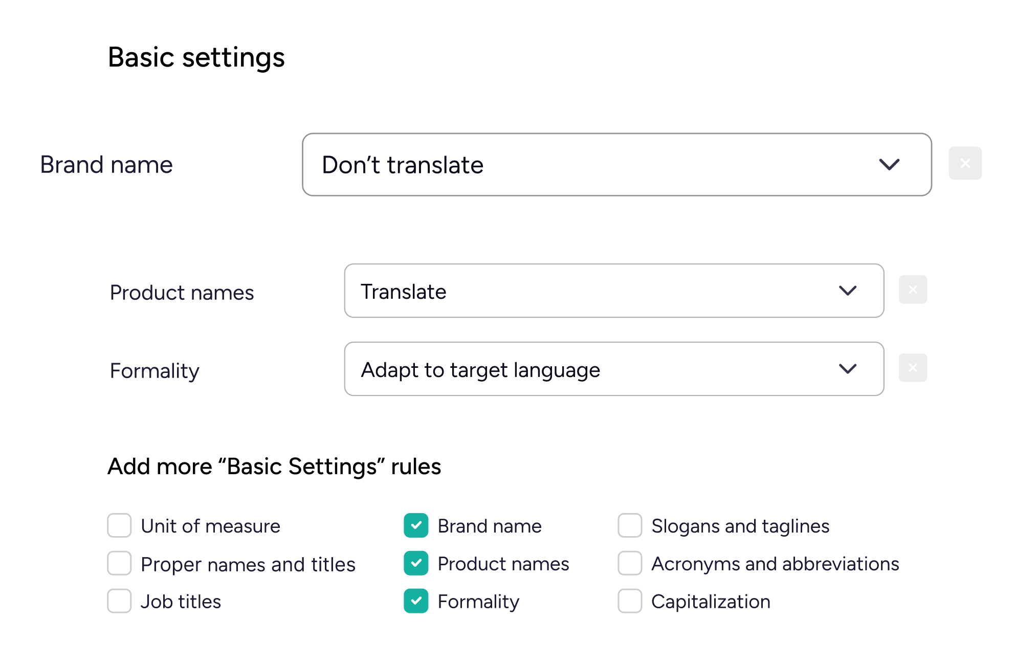 La configuración básica de la guía de estilo muestra los nombres de los productos y las preferencias de formalidad.