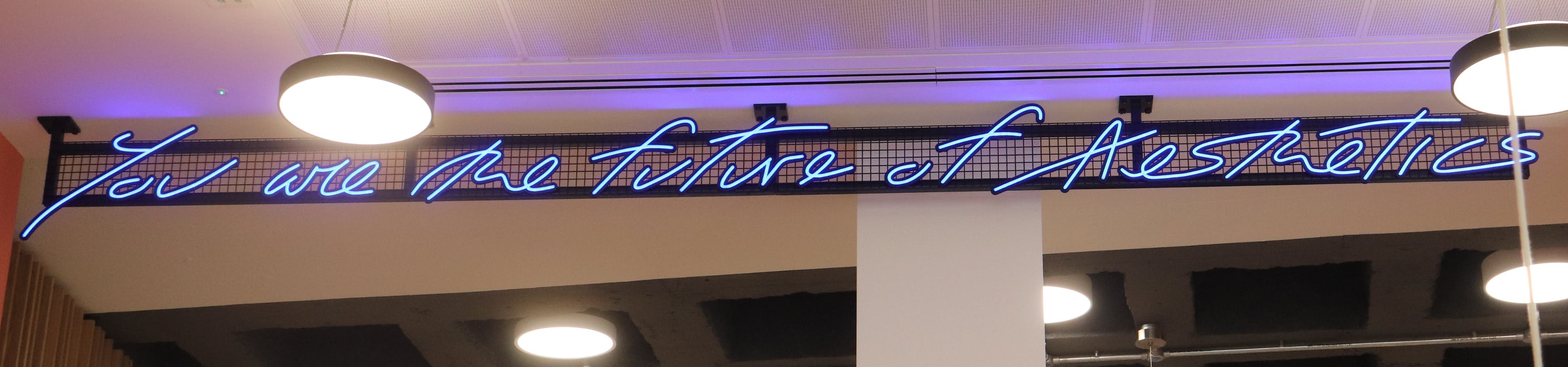Neon sign that reads You Are the Future of Aesthetics from the lobby of Harley Academy Threadneedle Street an aesthetics training school in the City of London