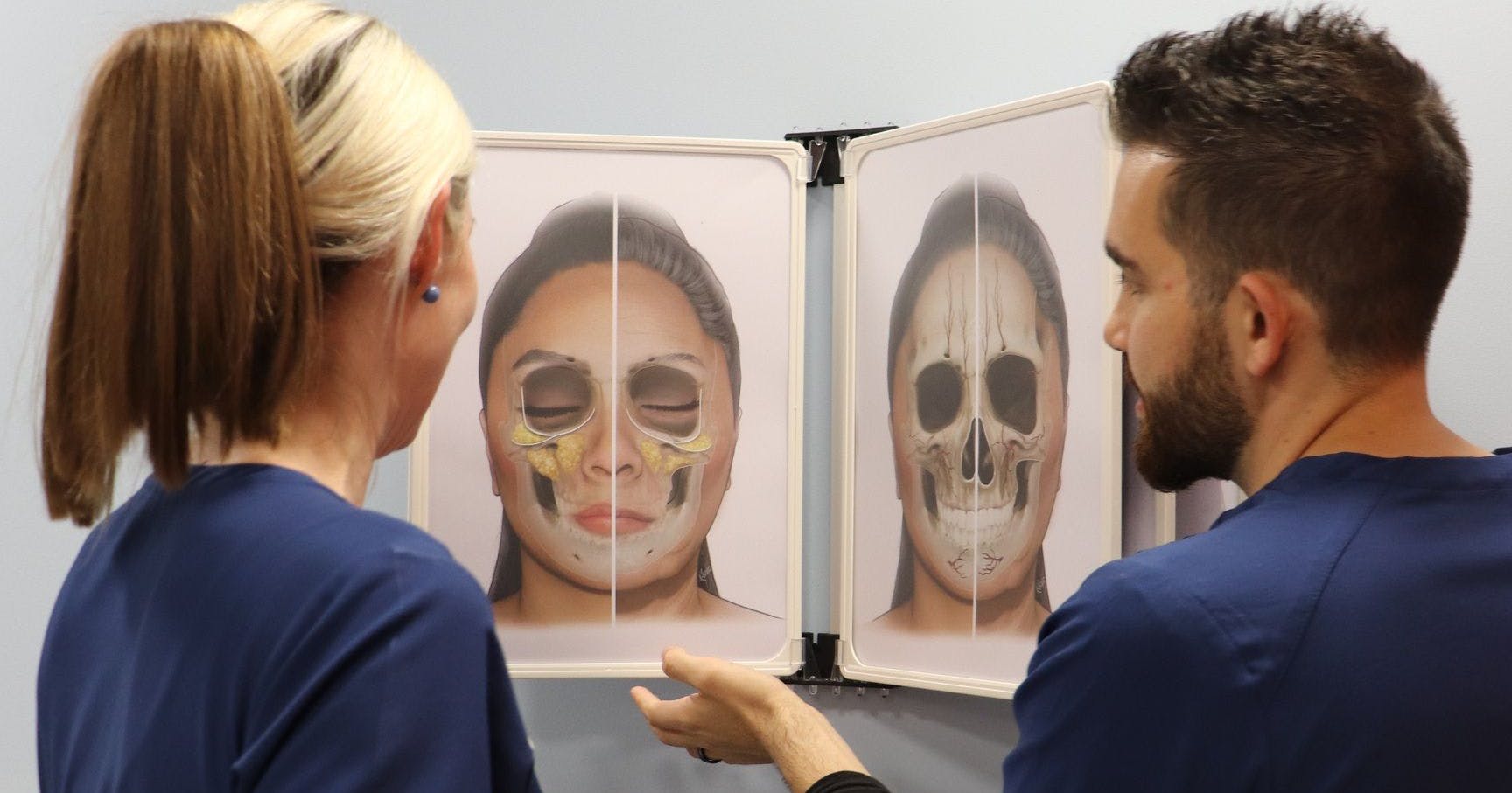 Dr. Tristan Mehta reviewing aesthetic diagram schema with a colleague