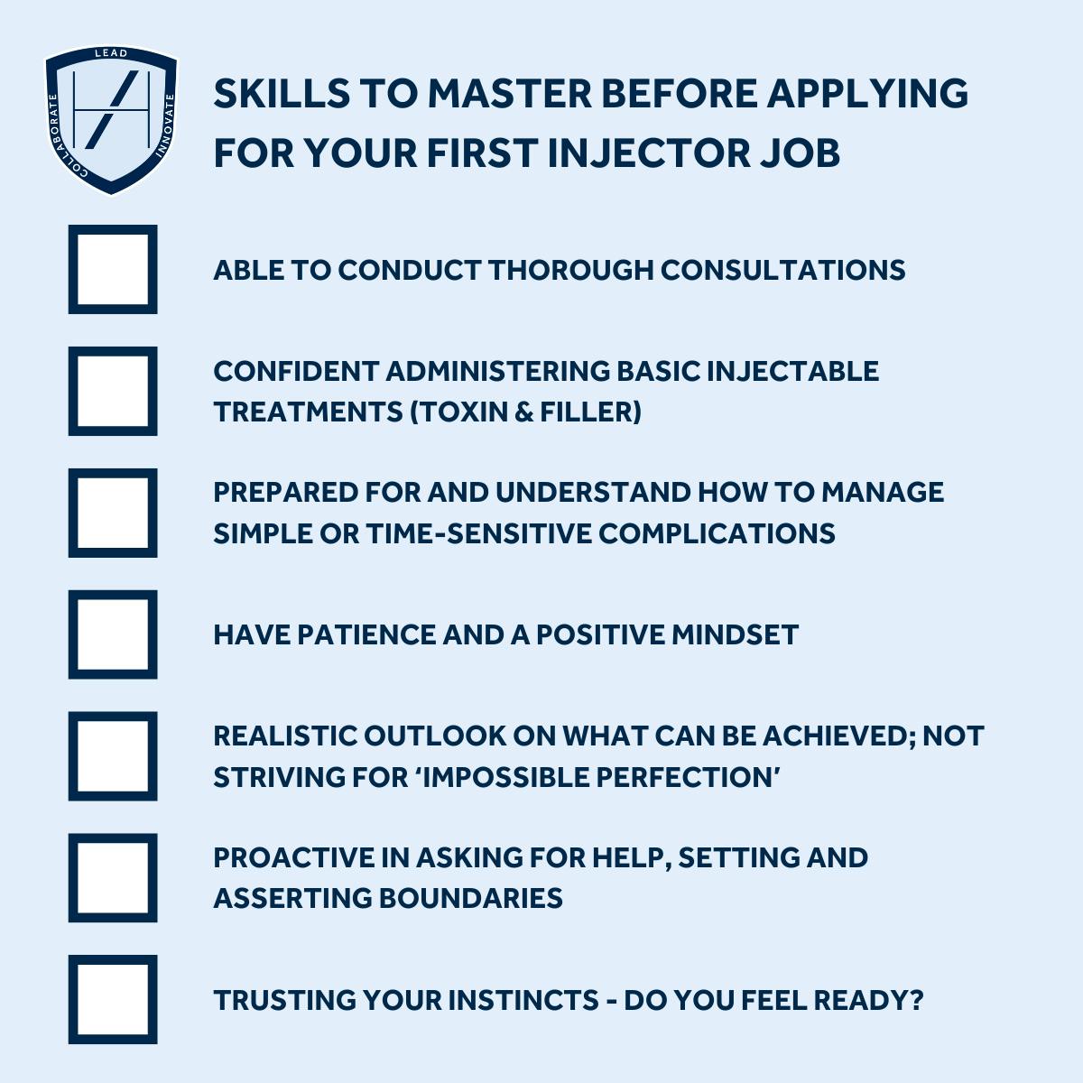 CHECKLIST OF SKILLS TO MASTER BEFORE APPLYING FOR YOUR FIRST JOB AS AN AESTHETICS PRACTITIONER AT A COSMETIC CLINIC