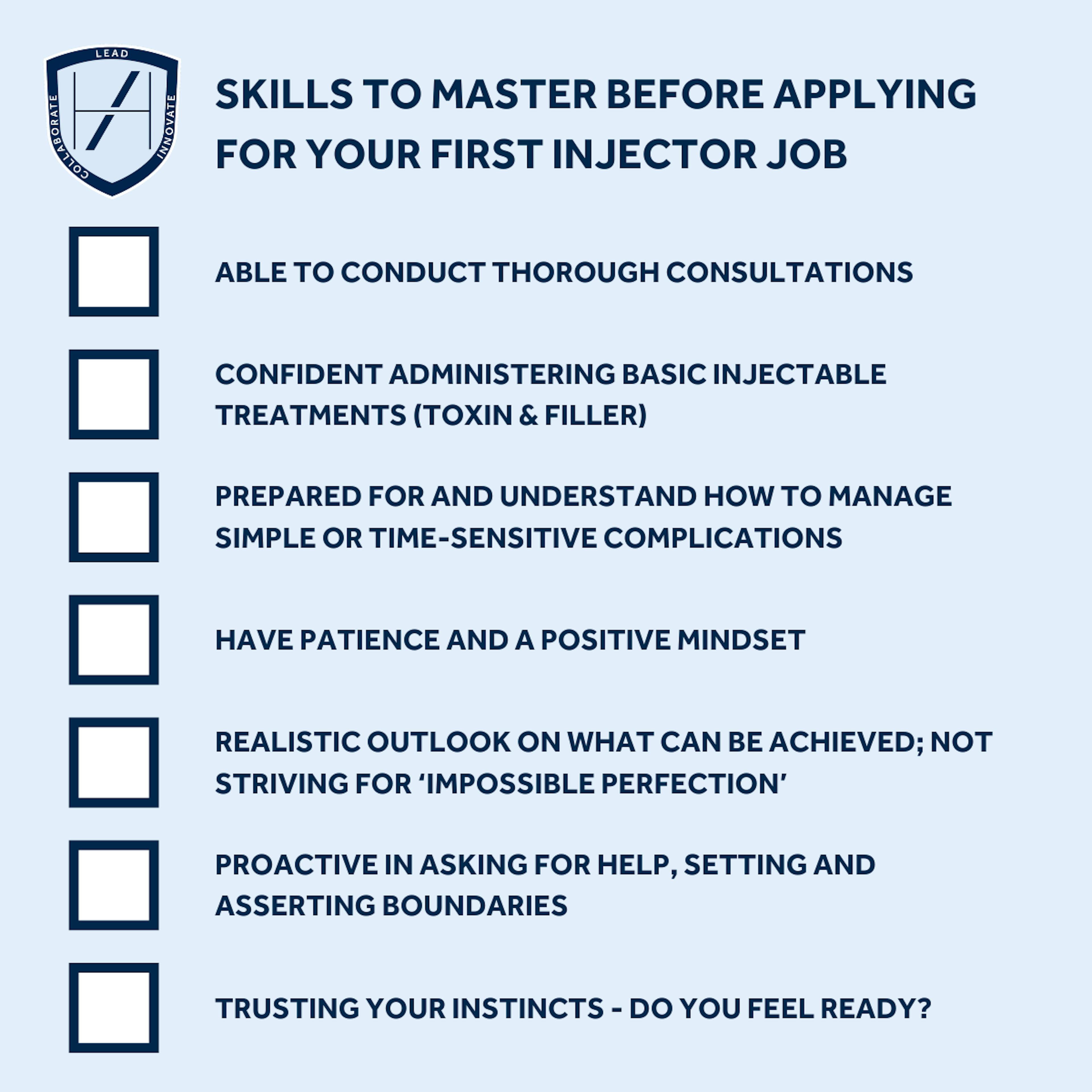 CHECKLIST OF SKILLS TO MASTER BEFORE APPLYING FOR YOUR FIRST JOB AS AN AESTHETICS PRACTITIONER AT A COSMETIC CLINIC