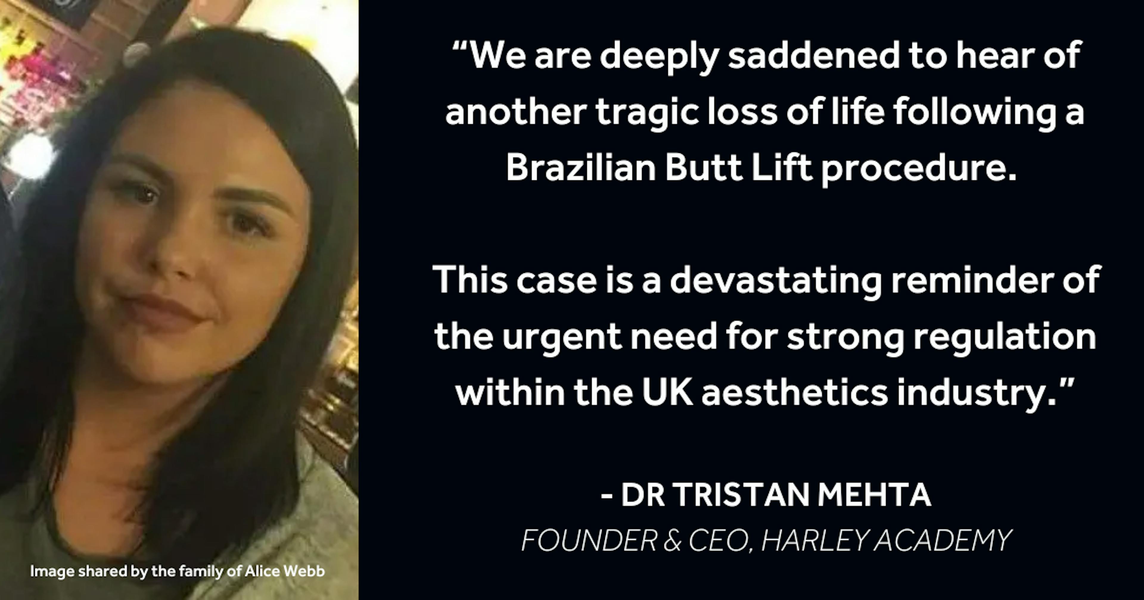 Dr Tristan Mehta of Harley Academy - statement on BBL death of Alice Wells