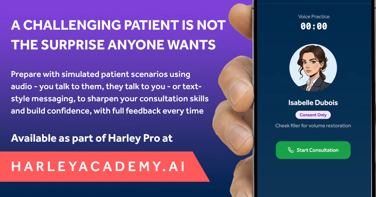 HarleyAcademy.ai Patient Consultation Practice Tool for aesthetic practitioners