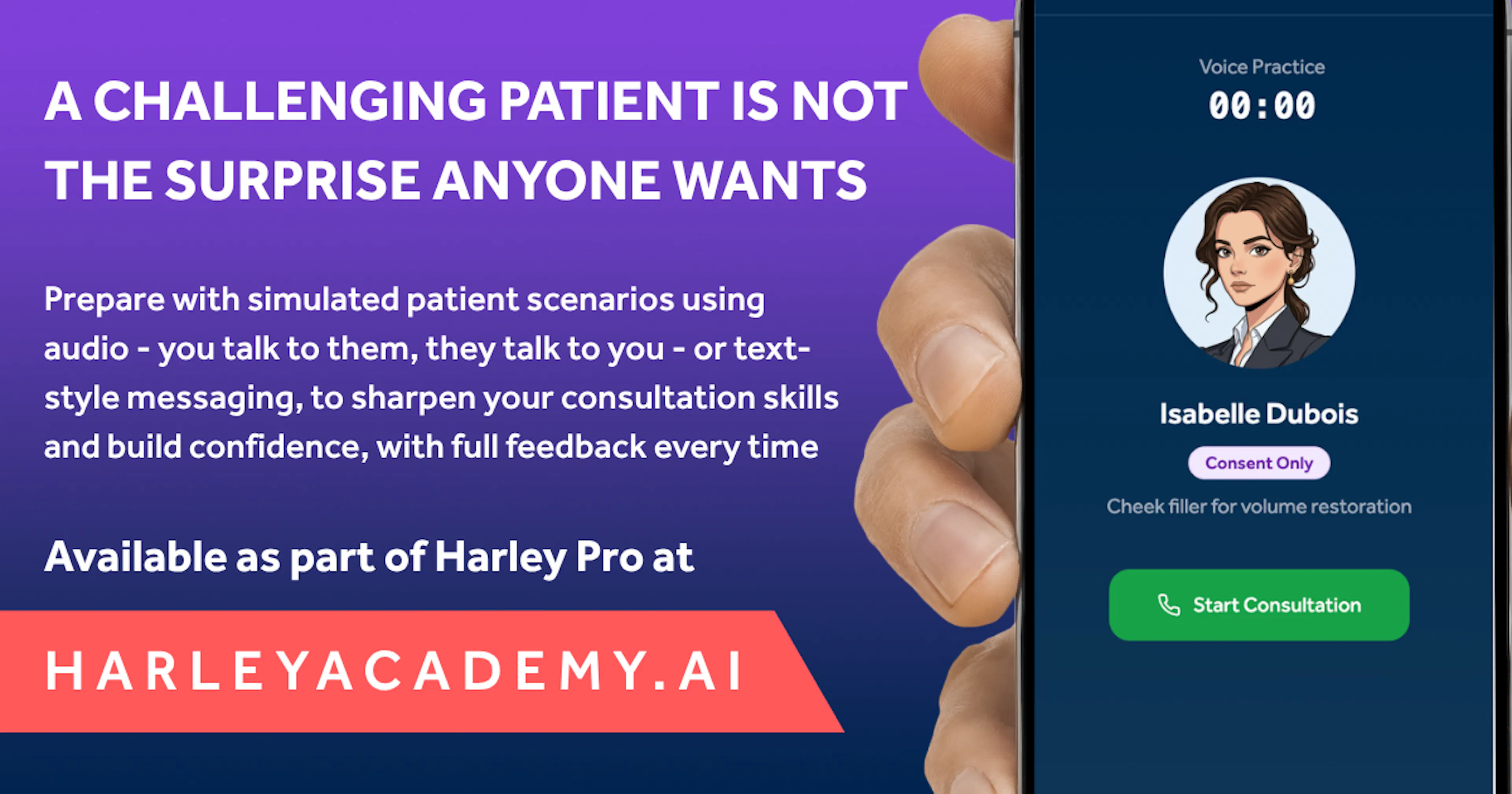 HarleyAcademy.ai Patient Consultation Practice Tool for aesthetic practitioners