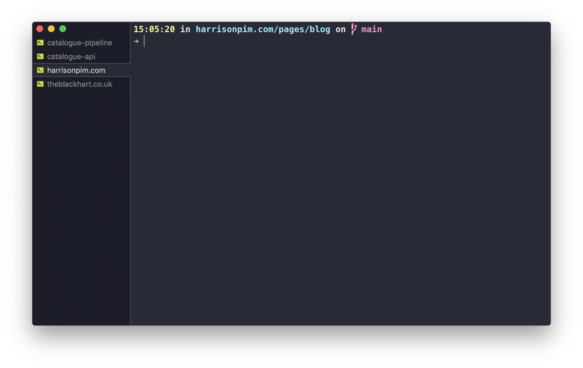 A terminal window with four tabs open. Each one is titled according to the repo it's running in.