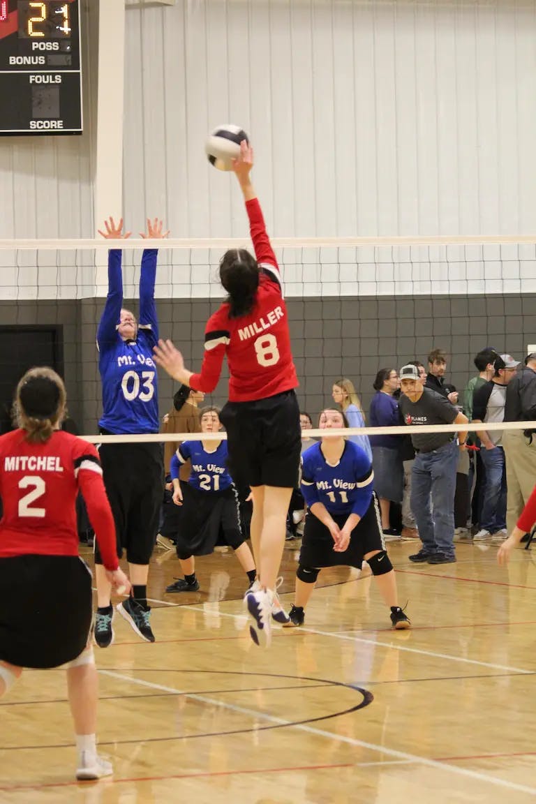 a female volleyball player in red and black jumping to return a ball over the net