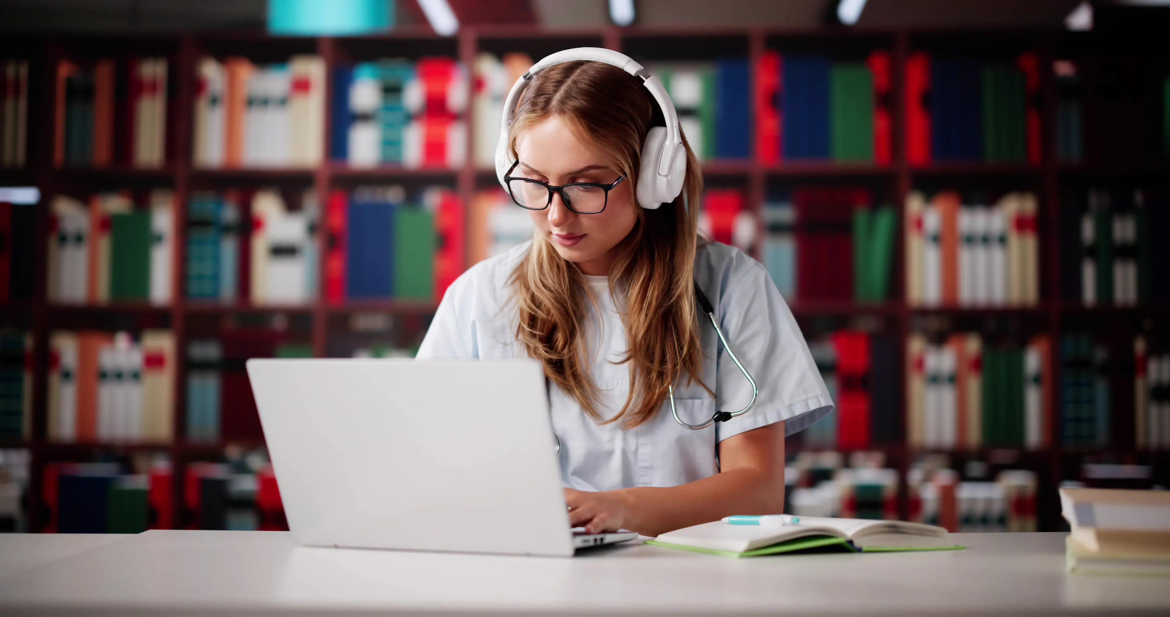 Female student with headphone on looking at something on her laptop