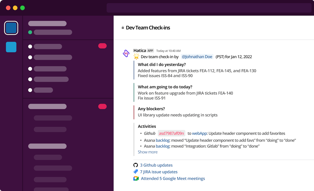 Hatica check-ins submission on Slack with work activity