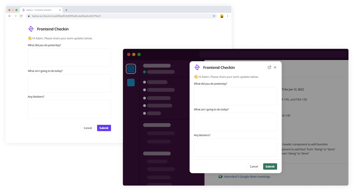 Hatica Check-ins on web and Slack