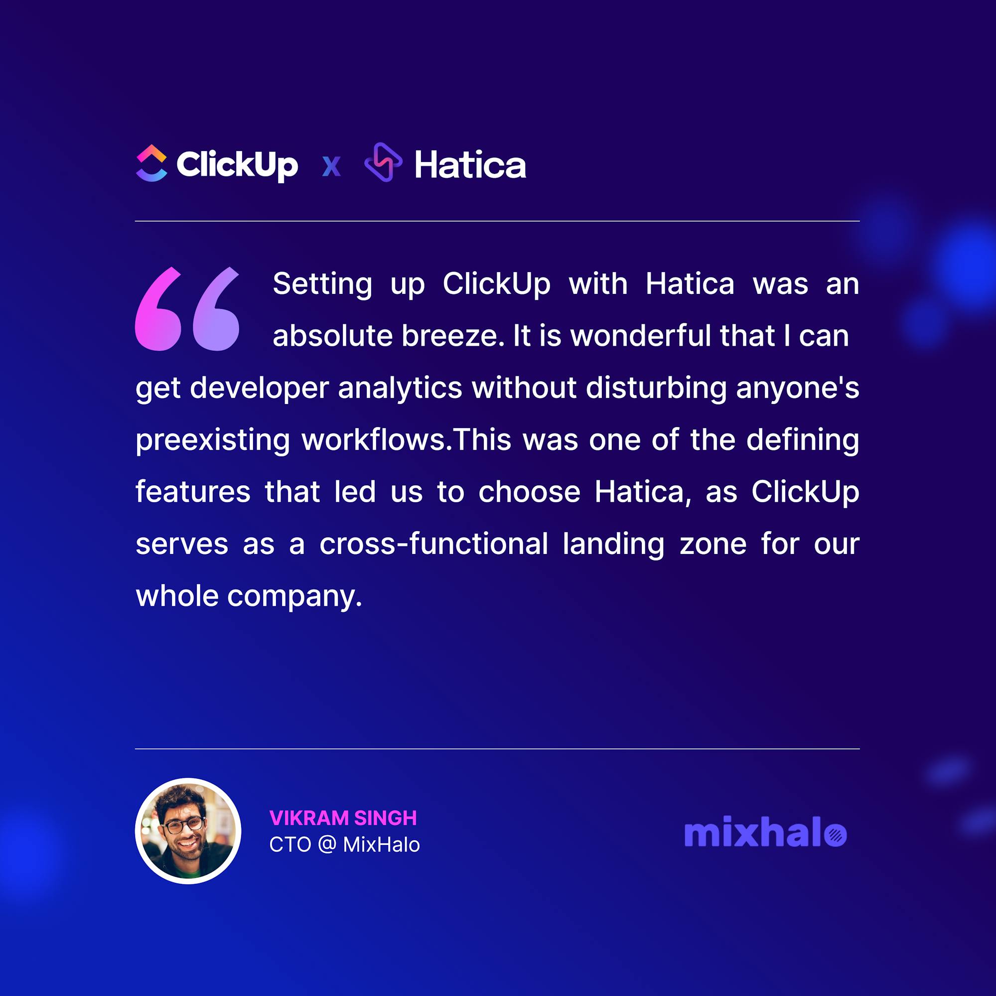 Mixhalo Testimonial for ClickUp with Hatica