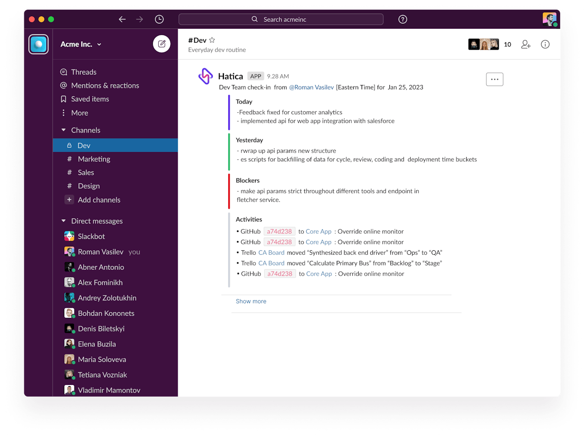 Hatica check-in Slack reports 