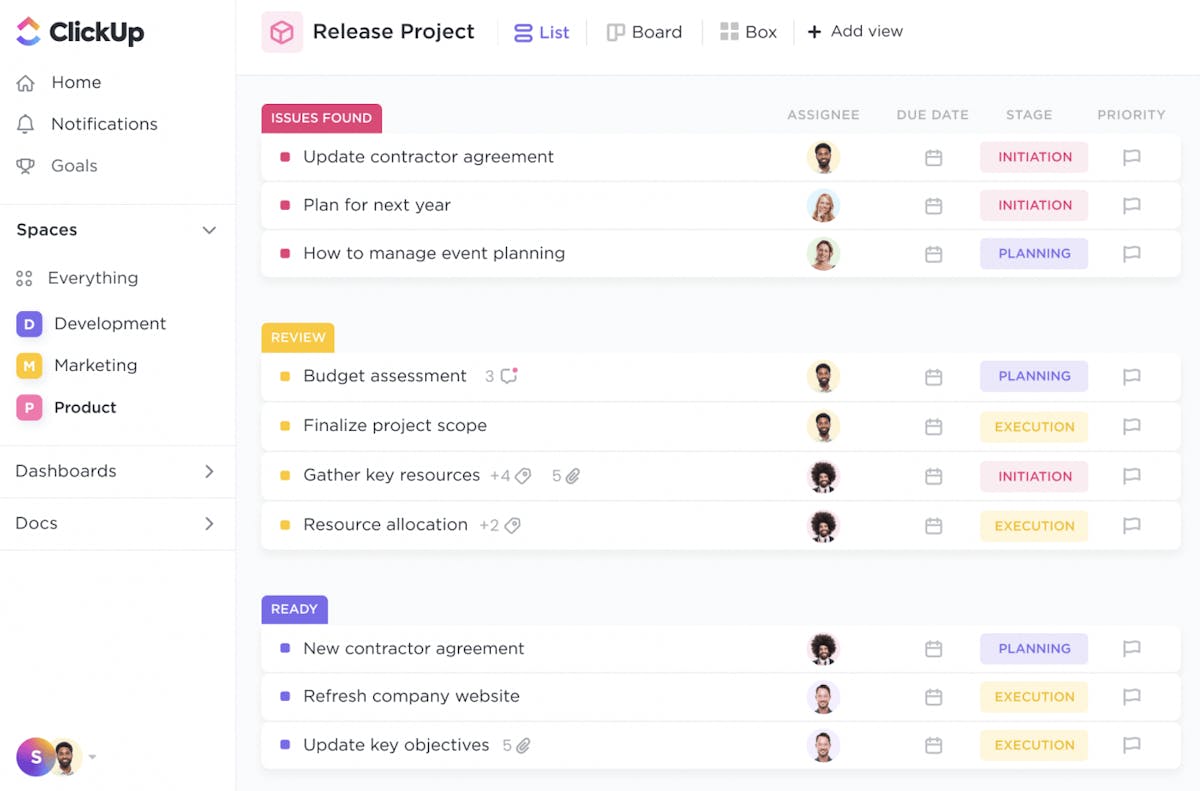 Clickup Project Lists categorized in Issues Found, Review, and Ready sections