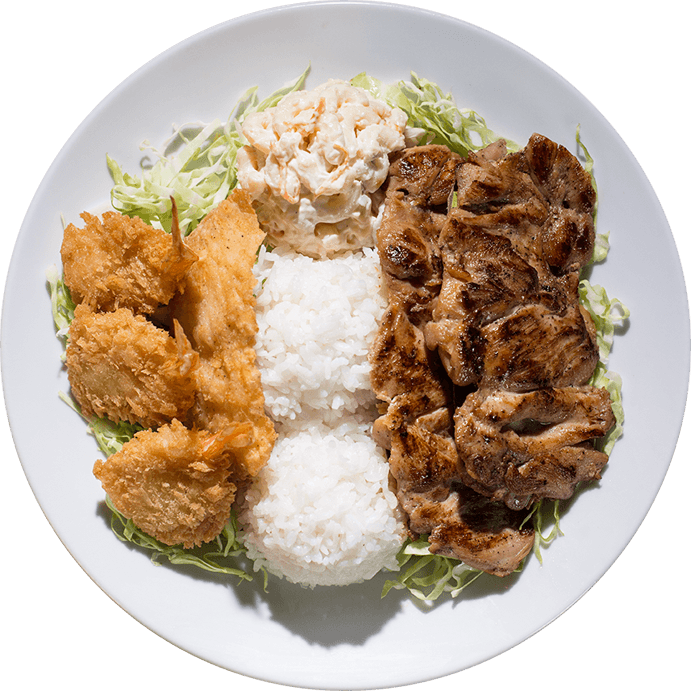 Top-down photo of a seafood combo plate from L&L.