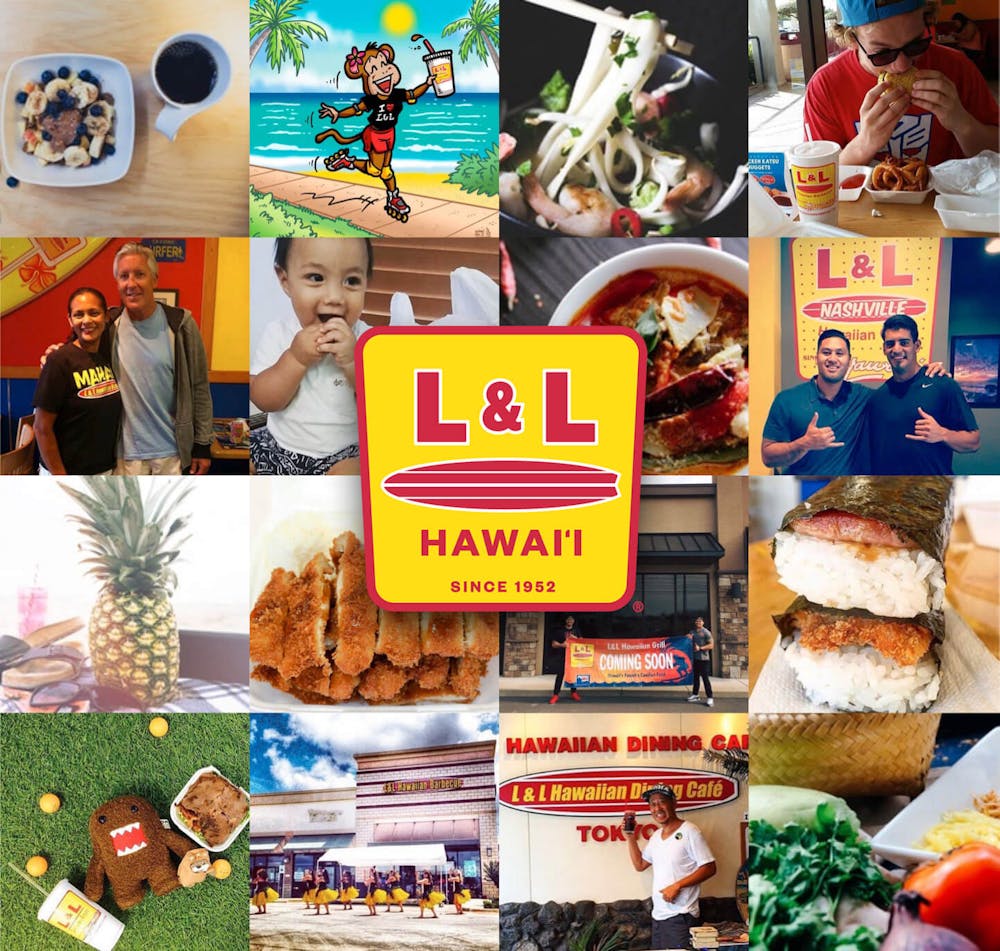 Collection of L&L customers and food with the L&L logo overlayed