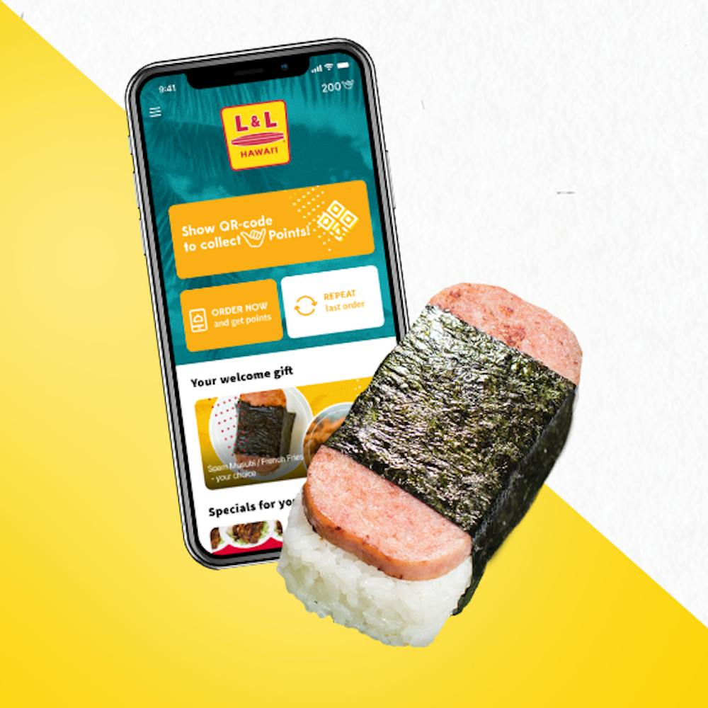 Spam musubi alongside the L&L mobile app.
