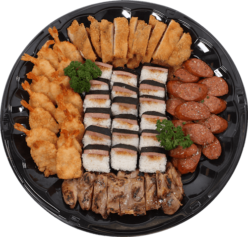 An L&L catering platter with spam musubis, portugese sausage, bbq chicken, chicken katsu, and fried shrimp.