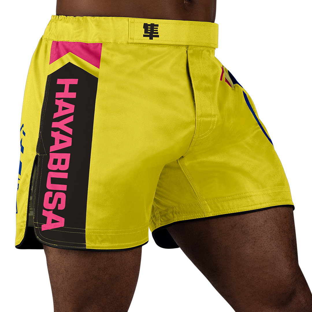 Yellow/Blue Hayabusa Icon Mid-Thigh Fight Shorts - Main shot w right side perspective