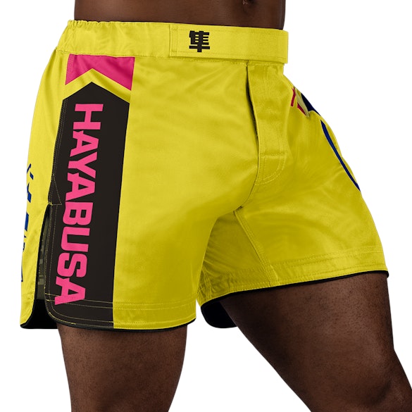 Yellow/Blue Hayabusa Icon Mid-Thigh Fight Shorts - Main shot w right side perspective