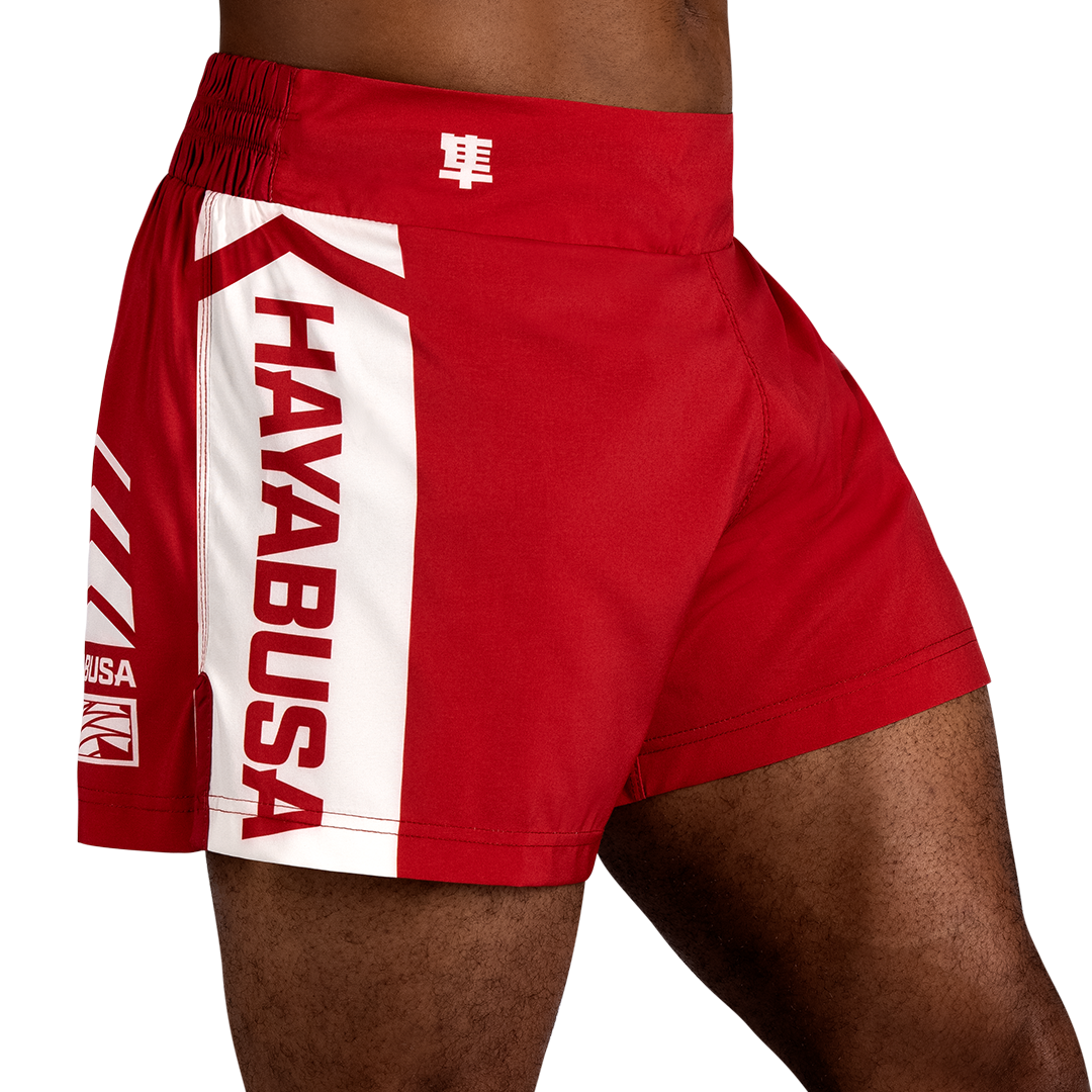 Red/White Hayabusa Icon Kickboxing Shorts - Main shot w right side perspective