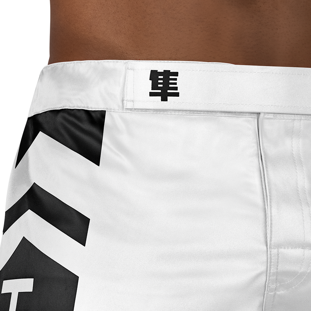 White/Black Hayabusa Mid-Thigh Icon Fight Shorts - Outer waist detail