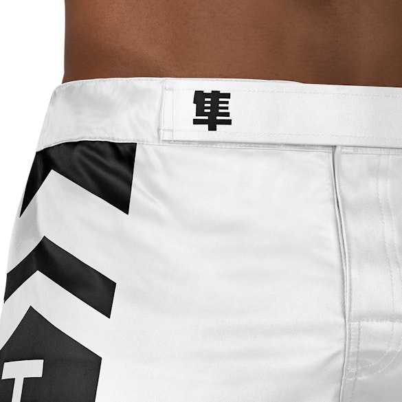 White/Black Hayabusa Mid-Thigh Icon Fight Shorts - Outer waist detail