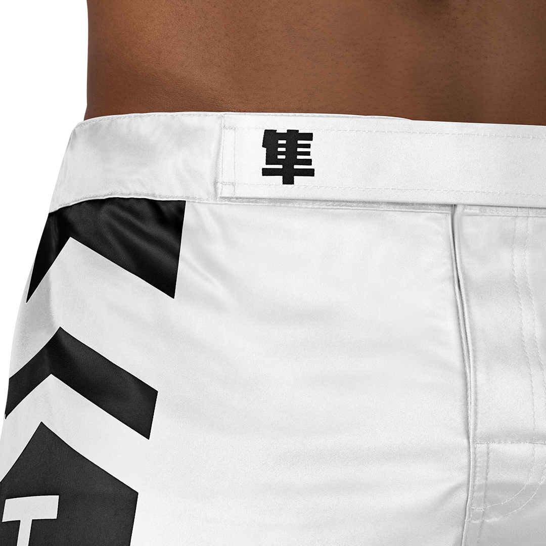White/Black Icon Fight Shorts - Outer Waist Details