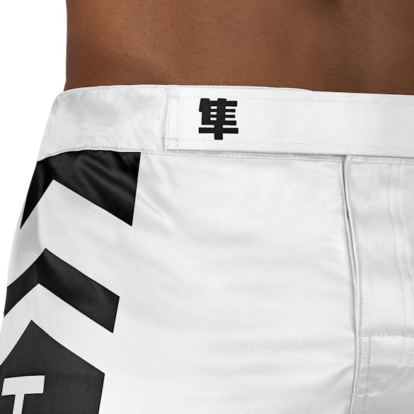 White/Black Icon Fight Shorts - Outer Waist Details