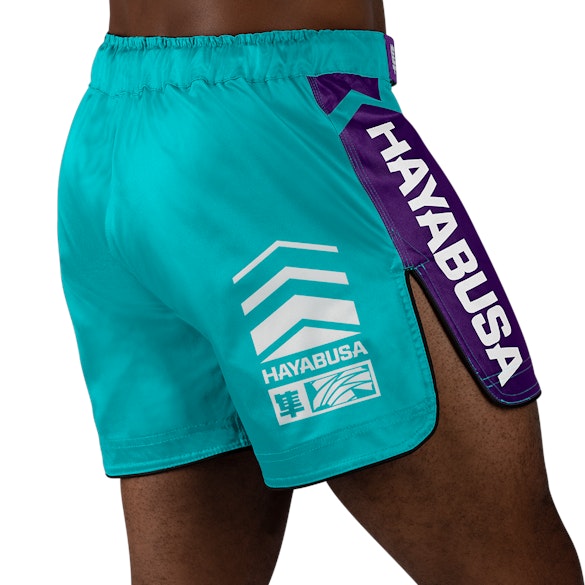 Teal/White Hayabusa Icon Mid-Thigh Fight Shorts - back shot w right side perspective