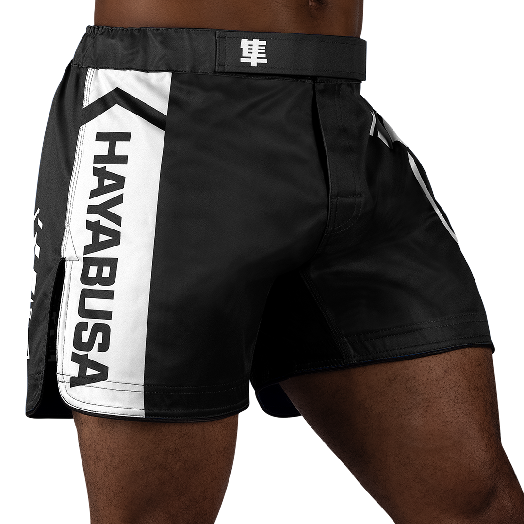 Black/White Hayabusa Mid-Thigh Icon Fight Shorts - right perspective