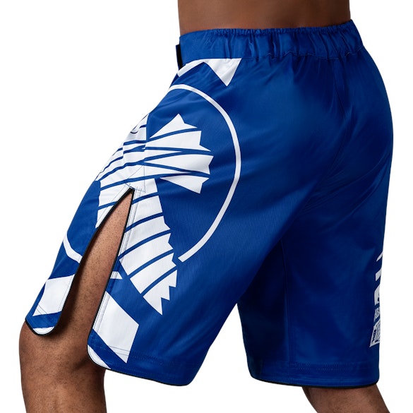 Blue/White Icon Fight Shorts - Back side Left Perspective