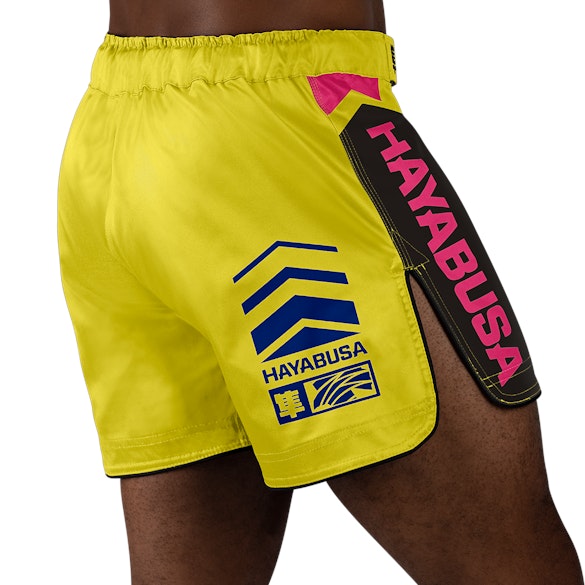 Yellow/Blue Hayabusa Icon Mid-Thigh Fight Shorts - Back shot w right side perspective