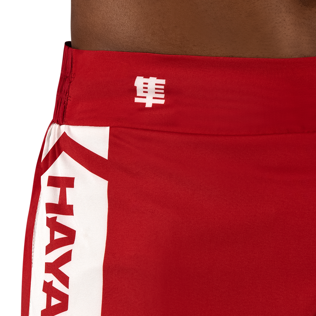 Red/White Hayabusa Icon Kickboxing Shorts - Outer waist detail