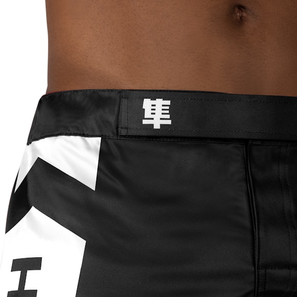 Black/White Hayabusa Mid-Thigh Icon Fight Shorts - Outer waist detail