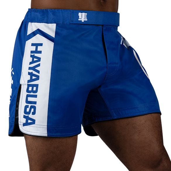 Blue/White Hayabusa Icon Mid-Thigh Fight Shorts - Main shot w right perspective