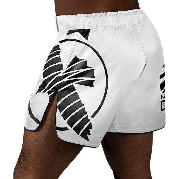 White/Black Hayabusa Mid-Thigh Icon Fight Shorts - Back shot w left side perspective