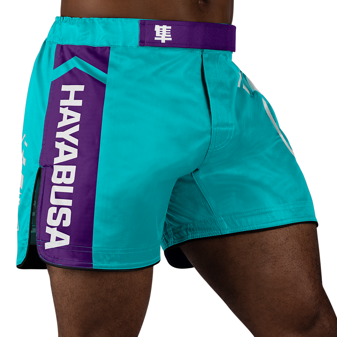 Teal/White Hayabusa Icon Mid-Thigh Fight Shorts - main shot w right side perspective