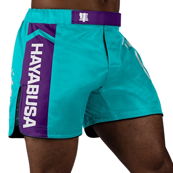 Teal/White Hayabusa Icon Mid-Thigh Fight Shorts - main shot w right side perspective