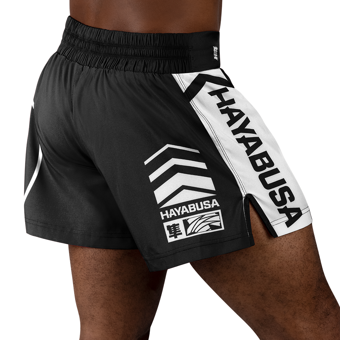Black/White Hayabusa Icon Kickboxing Shorts - Back shot w right side perspective